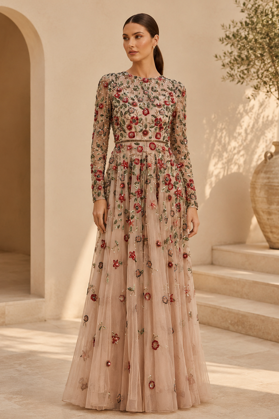 Blumengesticktes Illusion-Langarm-A-Linien-Kleid