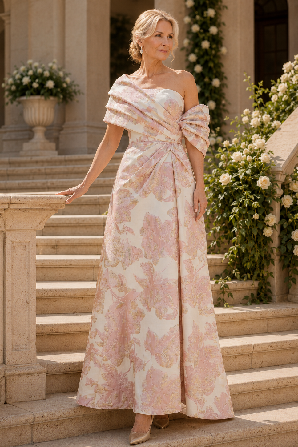 Abendkleid aus plissiertem Jacquard mit A-Linie und One-Shoulder-Träger
