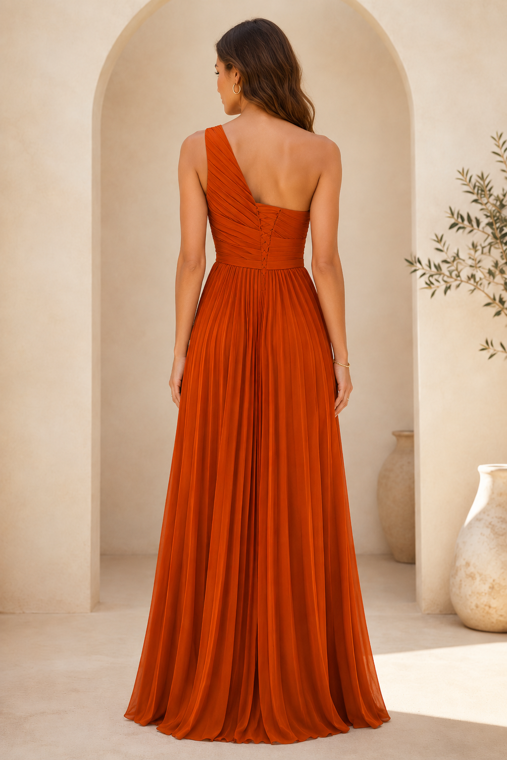 One-Shoulder Plissiertes Maxikleid mit Rüschen-Drapierung