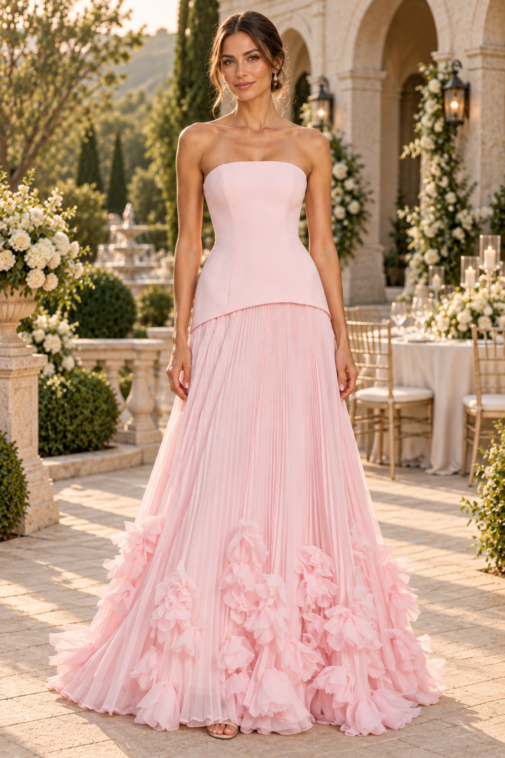 Strapless Pleated A-Line Gown with 3D Florals