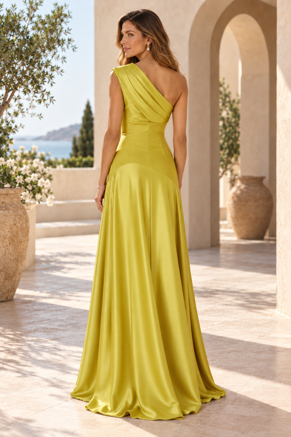 One-Shoulder Pleated Satin A-Line Gown