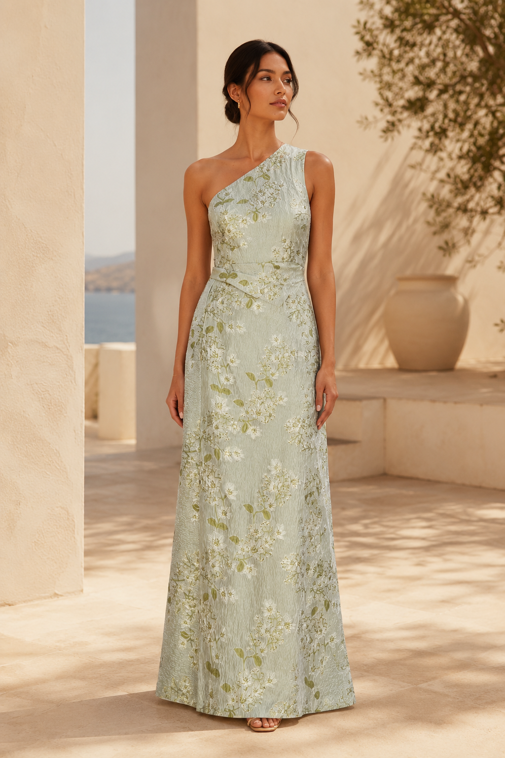 Blumen-Jacquard-Abendkleid mit One-Shoulder-Träger und A-Linie