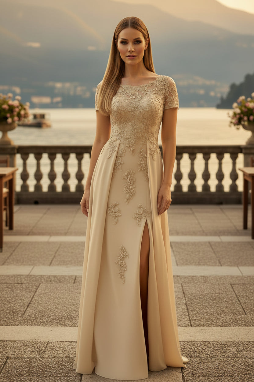 Elegantes A-Linien-Abendkleid mit Spitzendetails und Schlitz