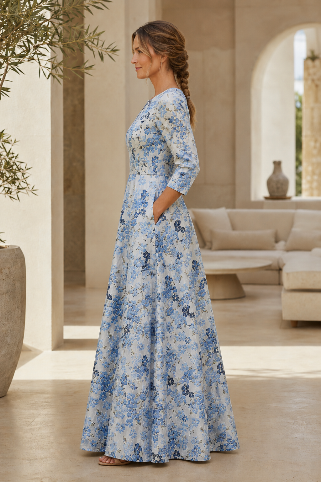 Florales Jacquard-A-Linien-Kleid mit 3/4-Ärmeln