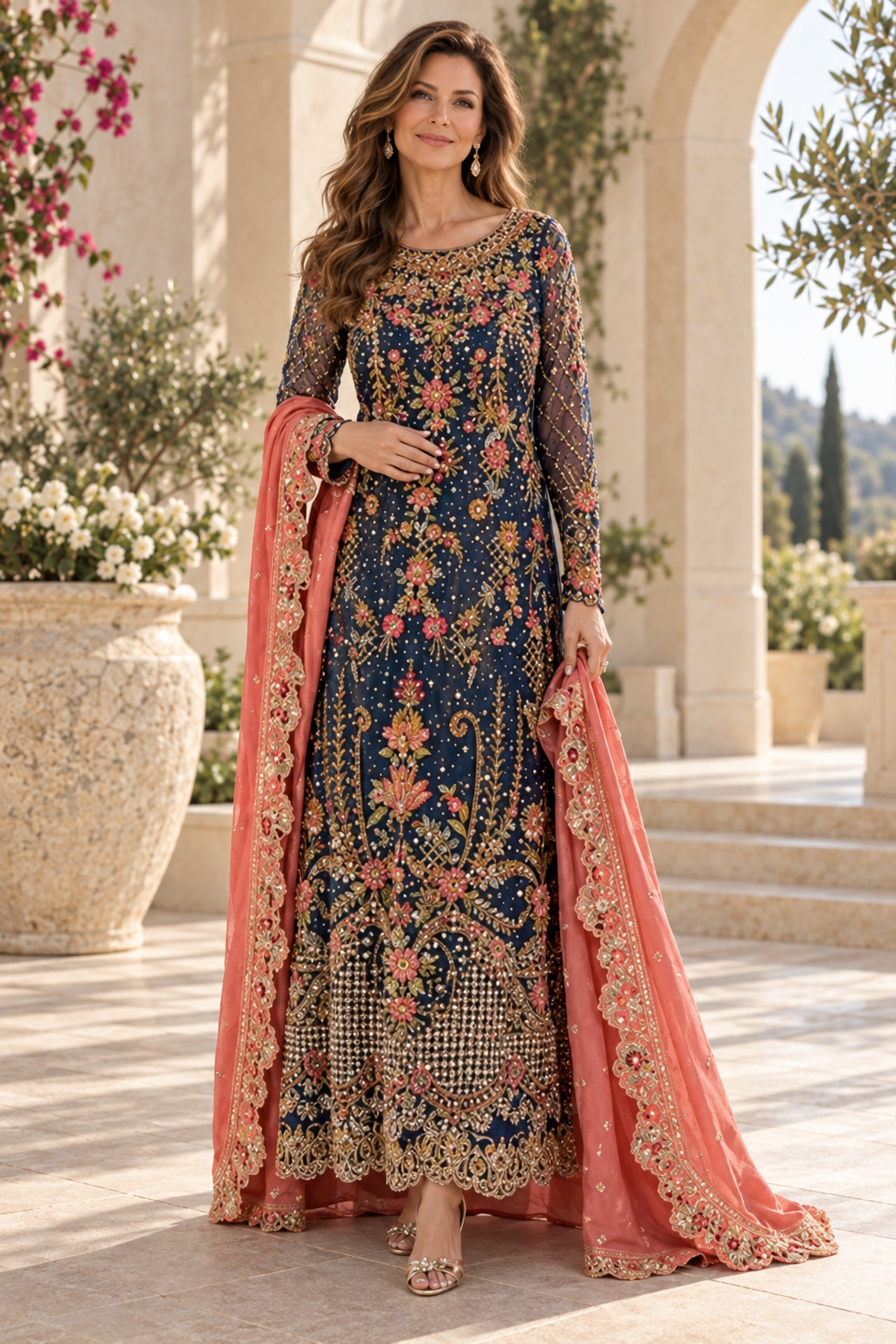 Embroidered Long Sleeve Gown with Scalloped Shawl