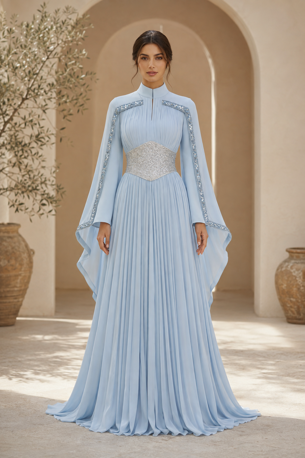 Abendkleid aus Chiffon mit plissiertem A-Linien-Rock und Cape-Ärmeln