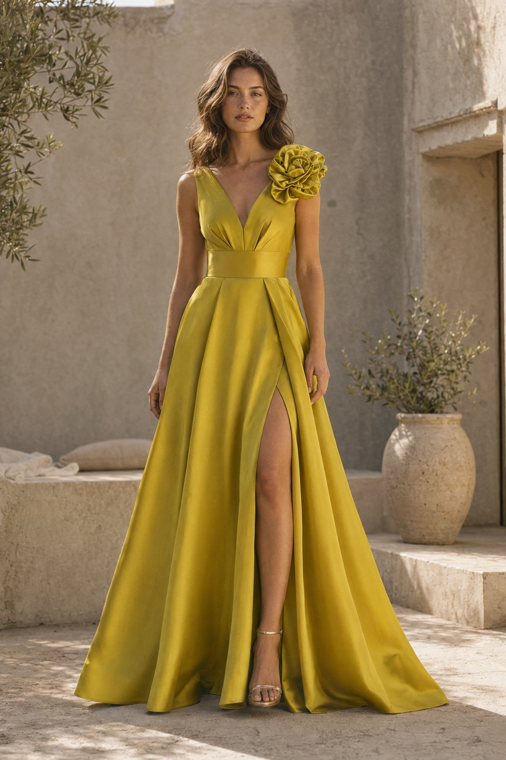 Satin-A-Linienkleid mit 3D-Rosette und Schlitz