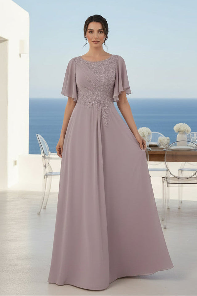 Besticktes A-Linien-Kleid mit Rüschenärmeln