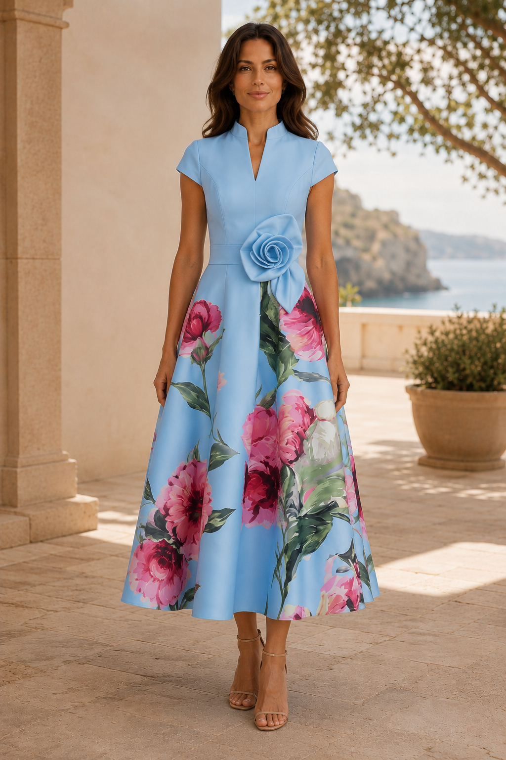 Geblümtes A-Linien Midikleid mit Rosettentaille