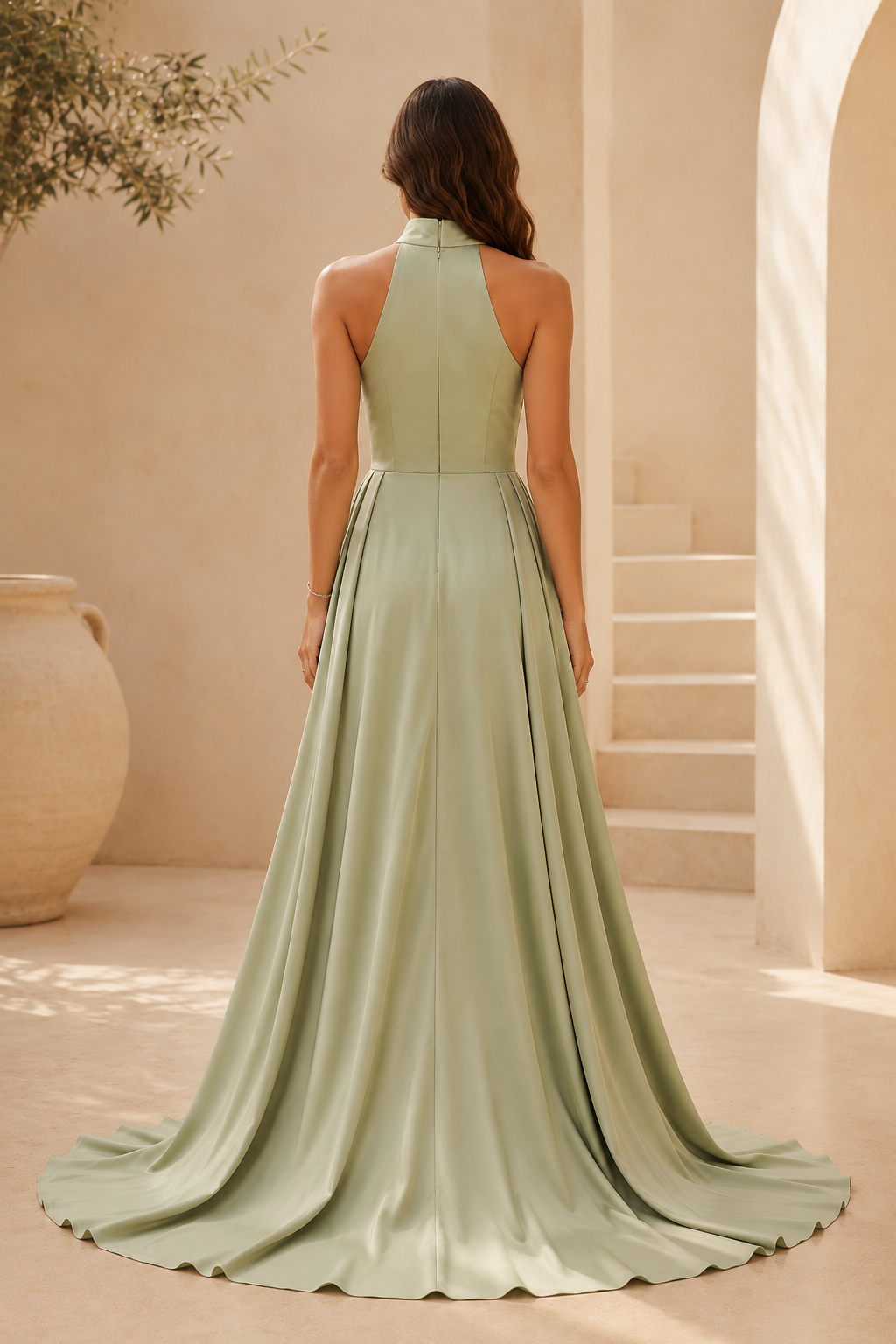 Abendkleid aus Satin mit Neckholder und Spitzrock