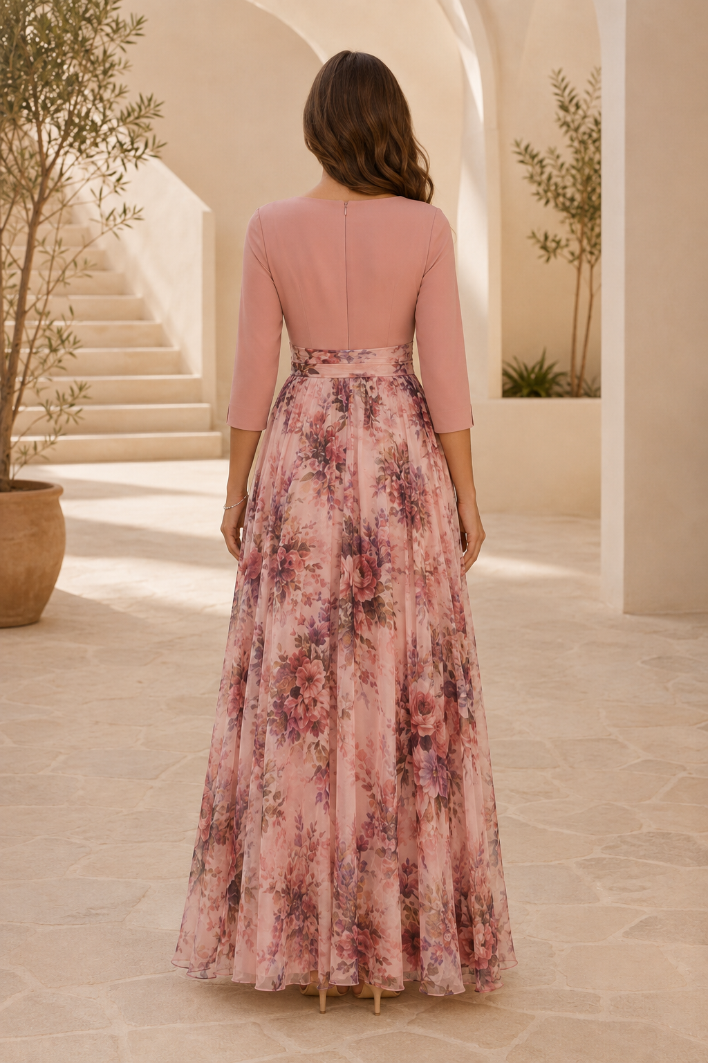 Geblümtes Wickel-Maxikleid mit V-Ausschnitt und 3/4-Ärmeln