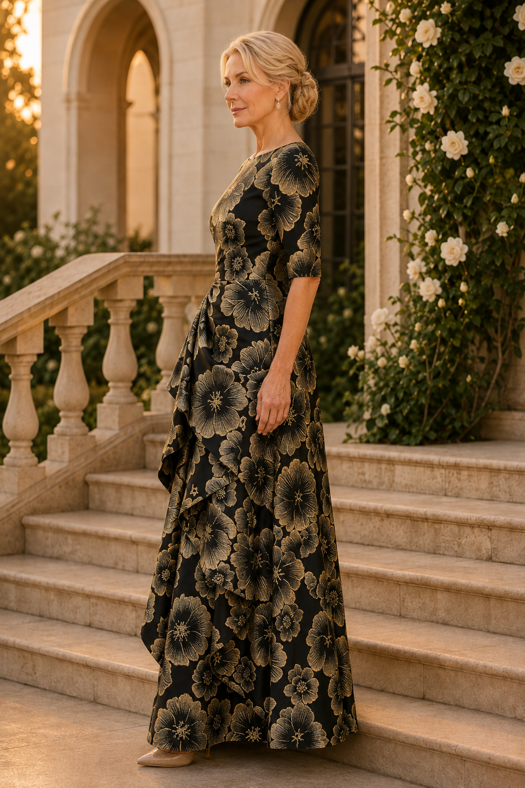 Geblümtes A-Linien-Kleid aus Jacquard mit Kaskadenrüsche