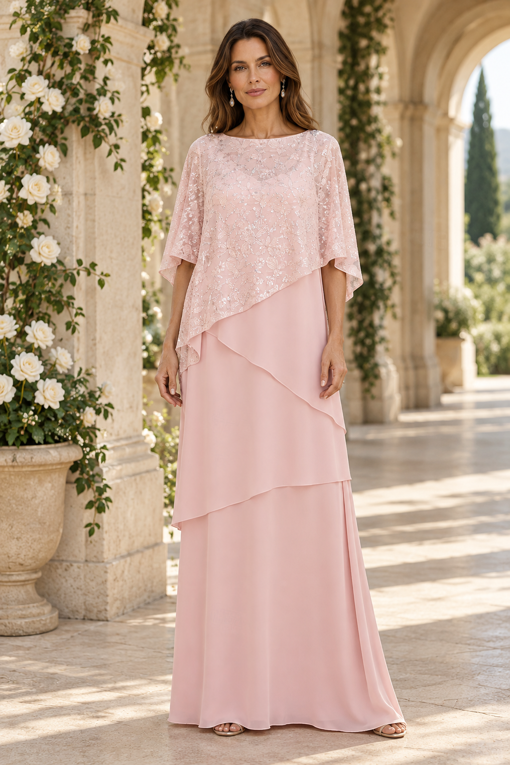 Tiered Maxi Dress with Sequin Lace Poncho Cape