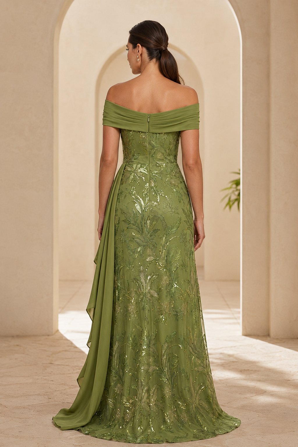 Schulterfreies Pailletten-Blumenkleid mit Chiffonschleppe