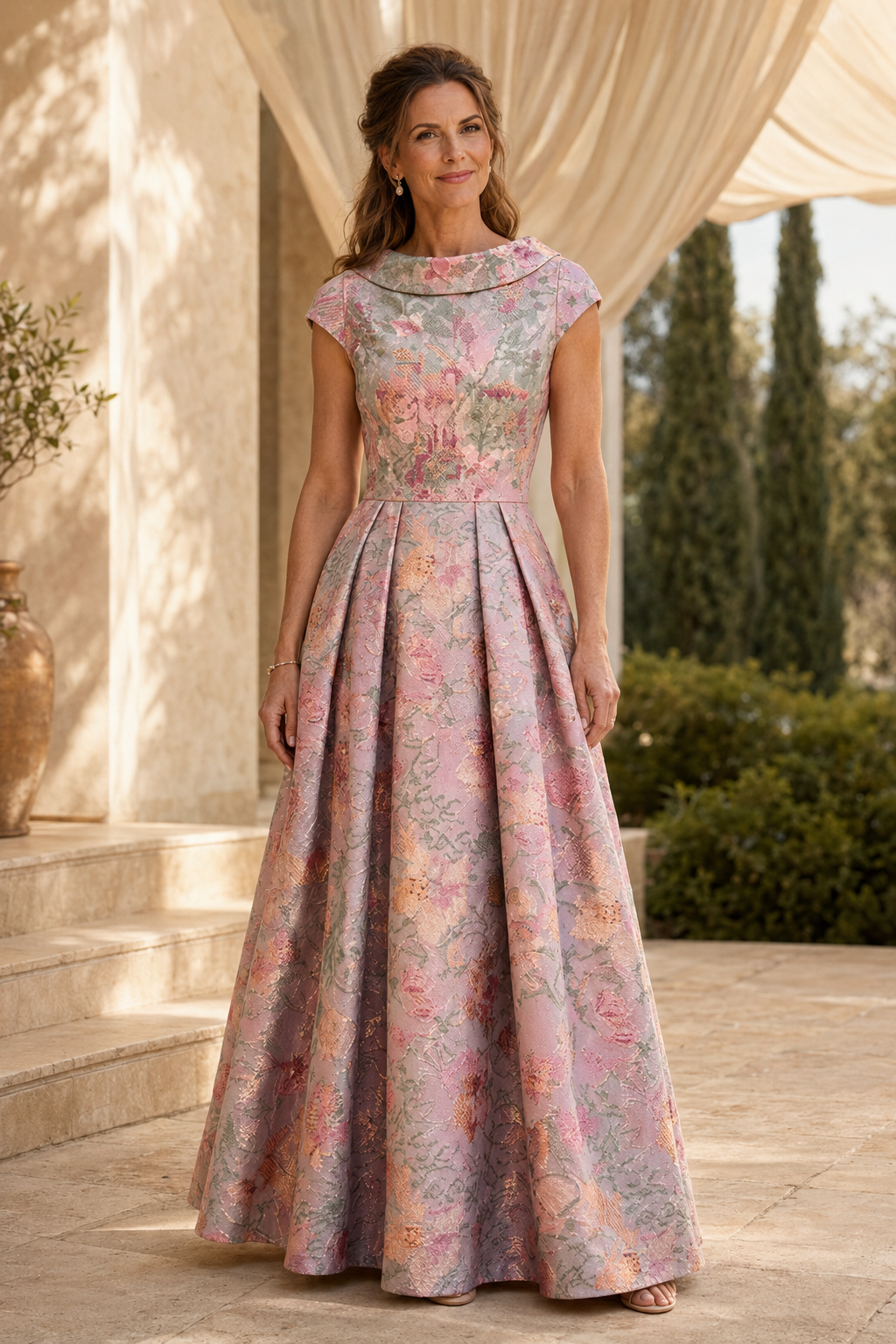 Geblümtes Jacquard A-Linien-Kleid mit Kappärmeln und Falten