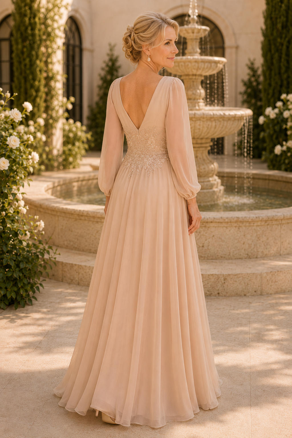 A-Linien-Chiffonkleid mit langen Bischofsärmeln