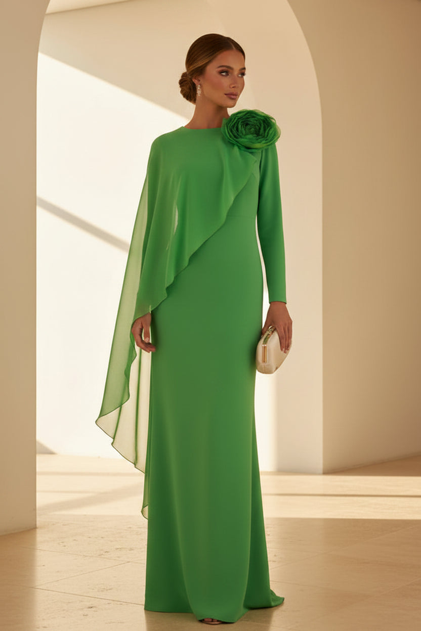 Asymmetrisches Etuikleid mit Cape und 3D-Blüte