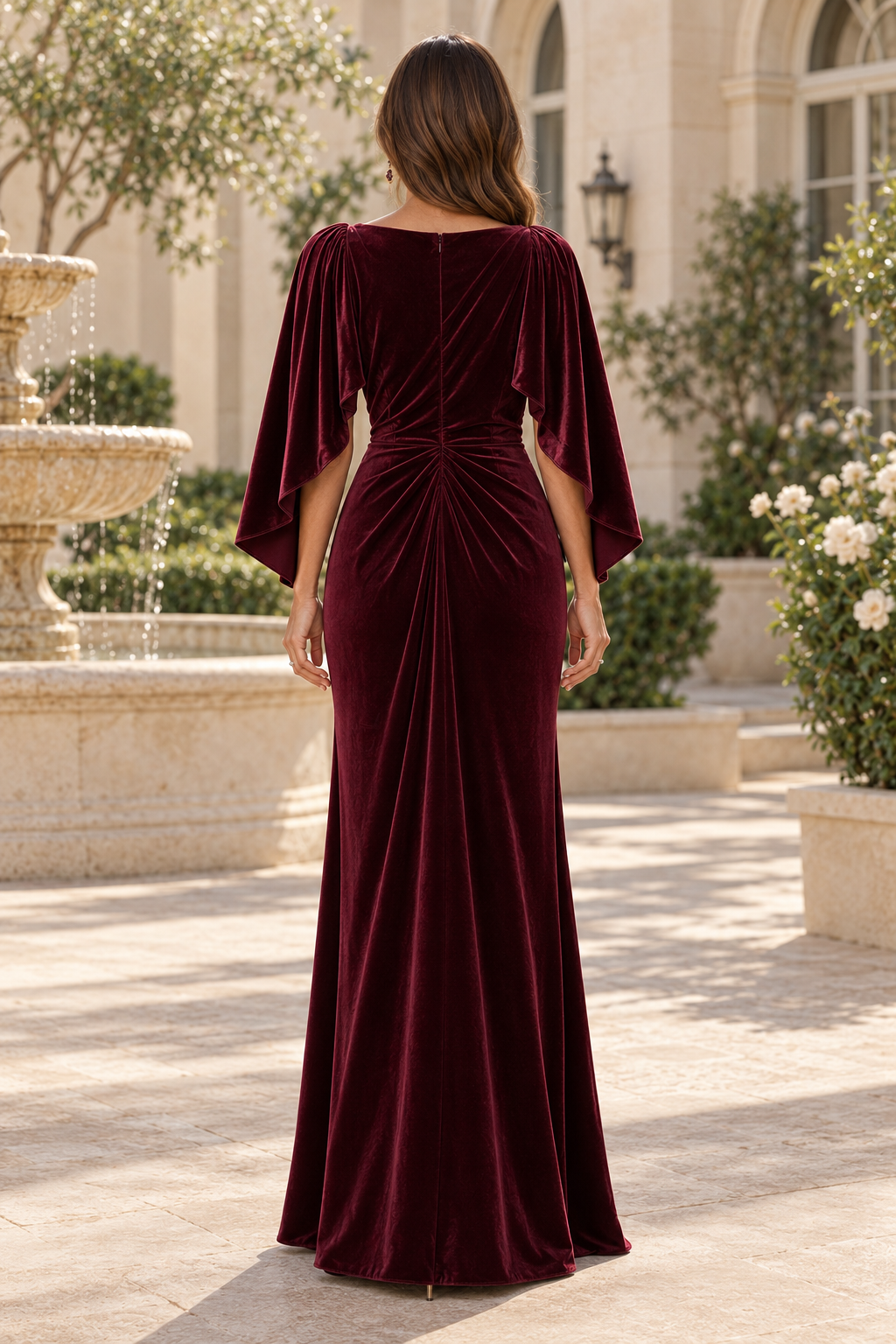 Ruched Velvet Cape Gown with High-Low Hem