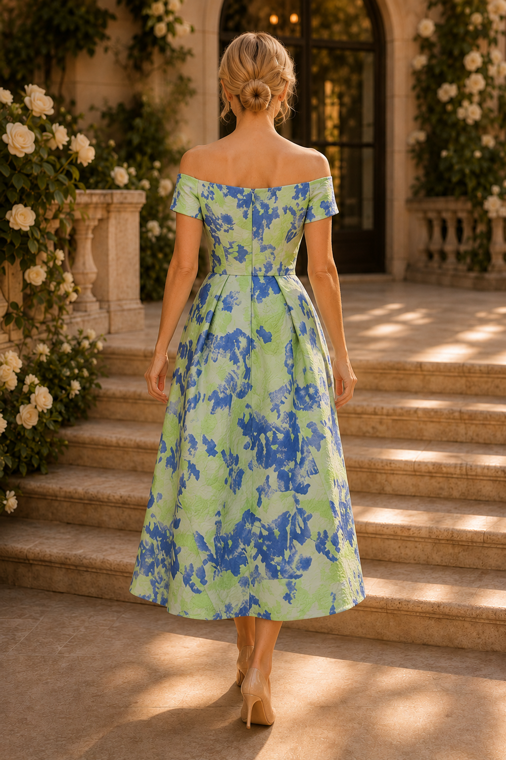 Plissiertes Midi-Jacquardkleid mit Blumenmuster und Carmenausschnitt