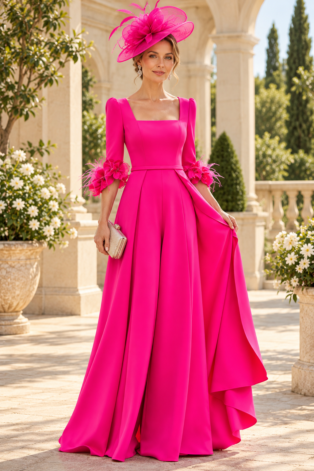 Jumpsuit with Overskirt & Feather Cuffs
