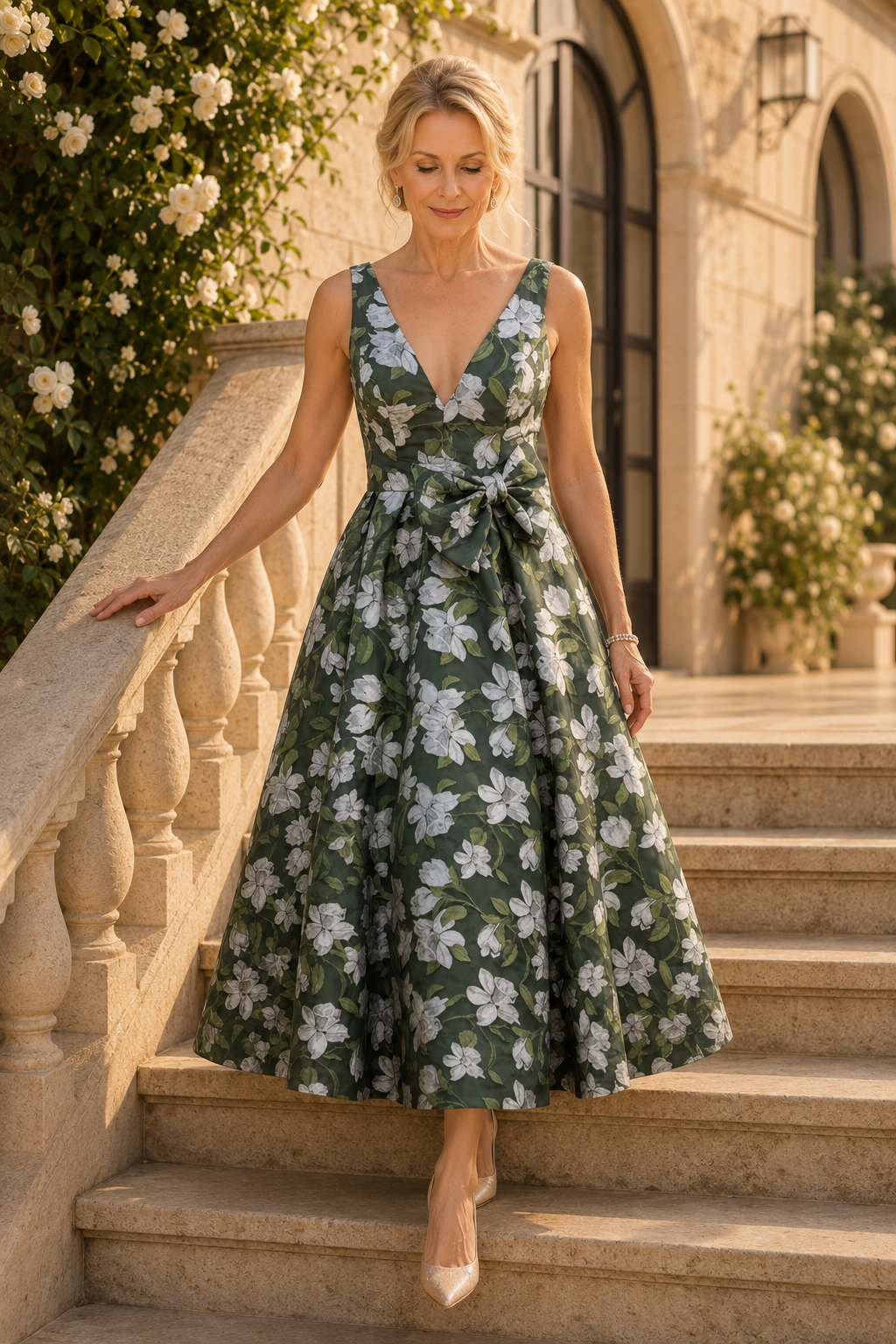 Geblümtes A-Linien-Kleid mit tiefem V-Ausschnitt und Schleife