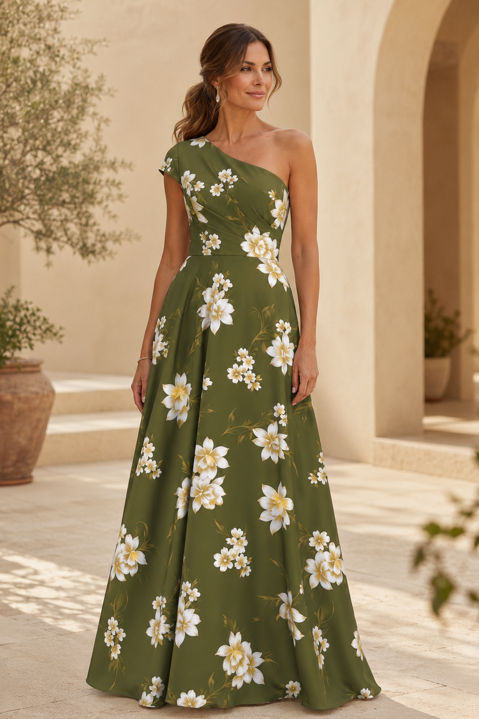 Ein-Schulter-Maxikleid mit Blumenmuster in A-Linie