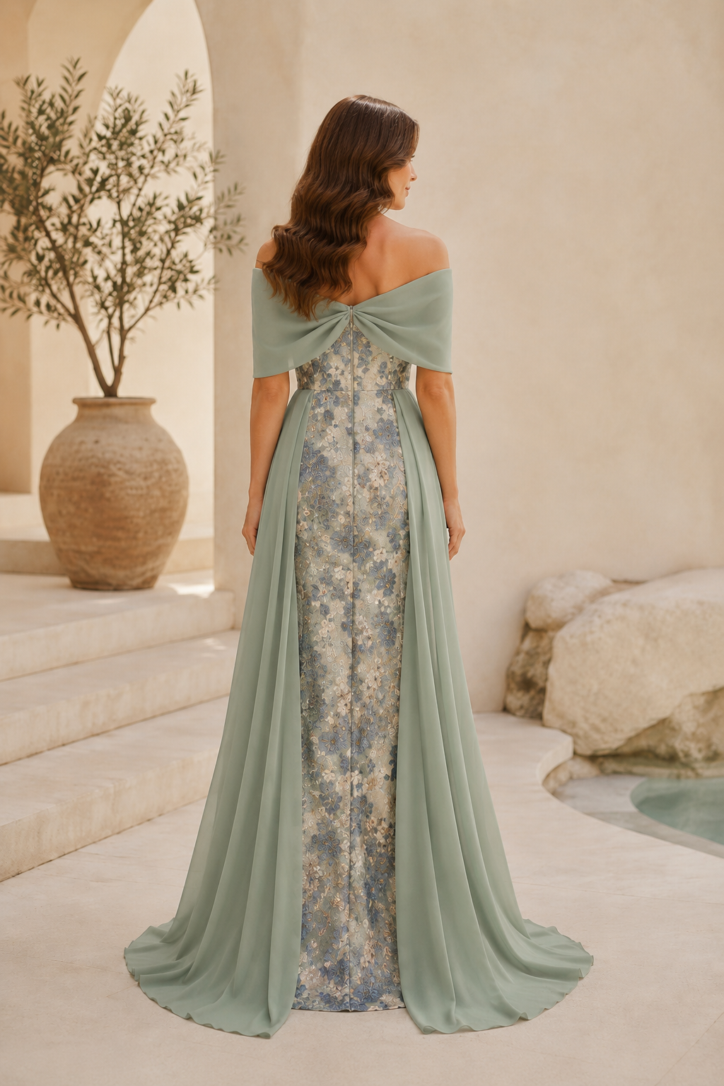 Off-Shoulder Abendkleid aus floralem Jacquard mit Chiffon-Überrock