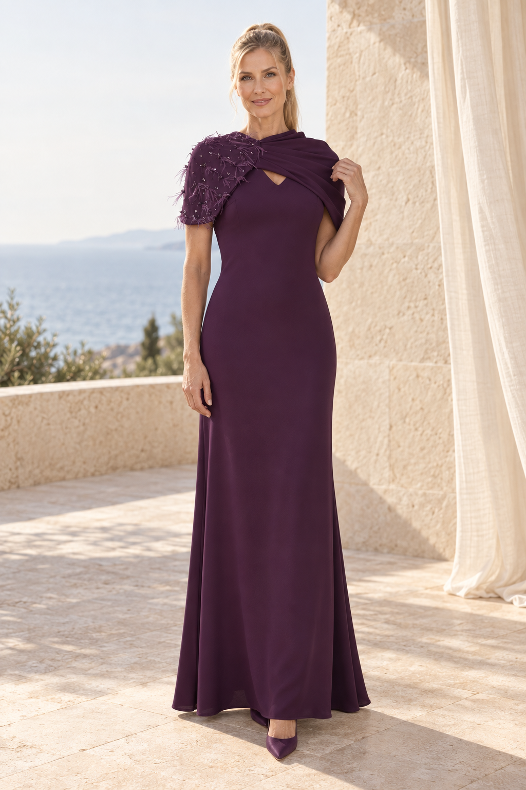 Asymmetrical Draped Cape Gown with Beading