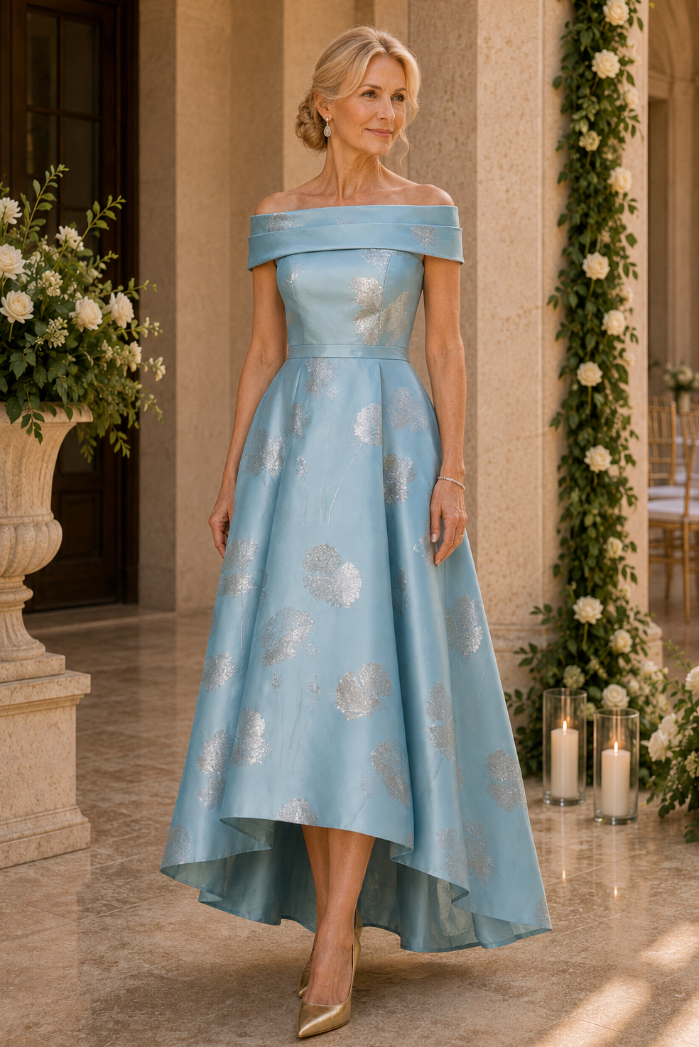 Carmen-Ausschnitt Metallic-Blumenmuster High-Low-Kleid