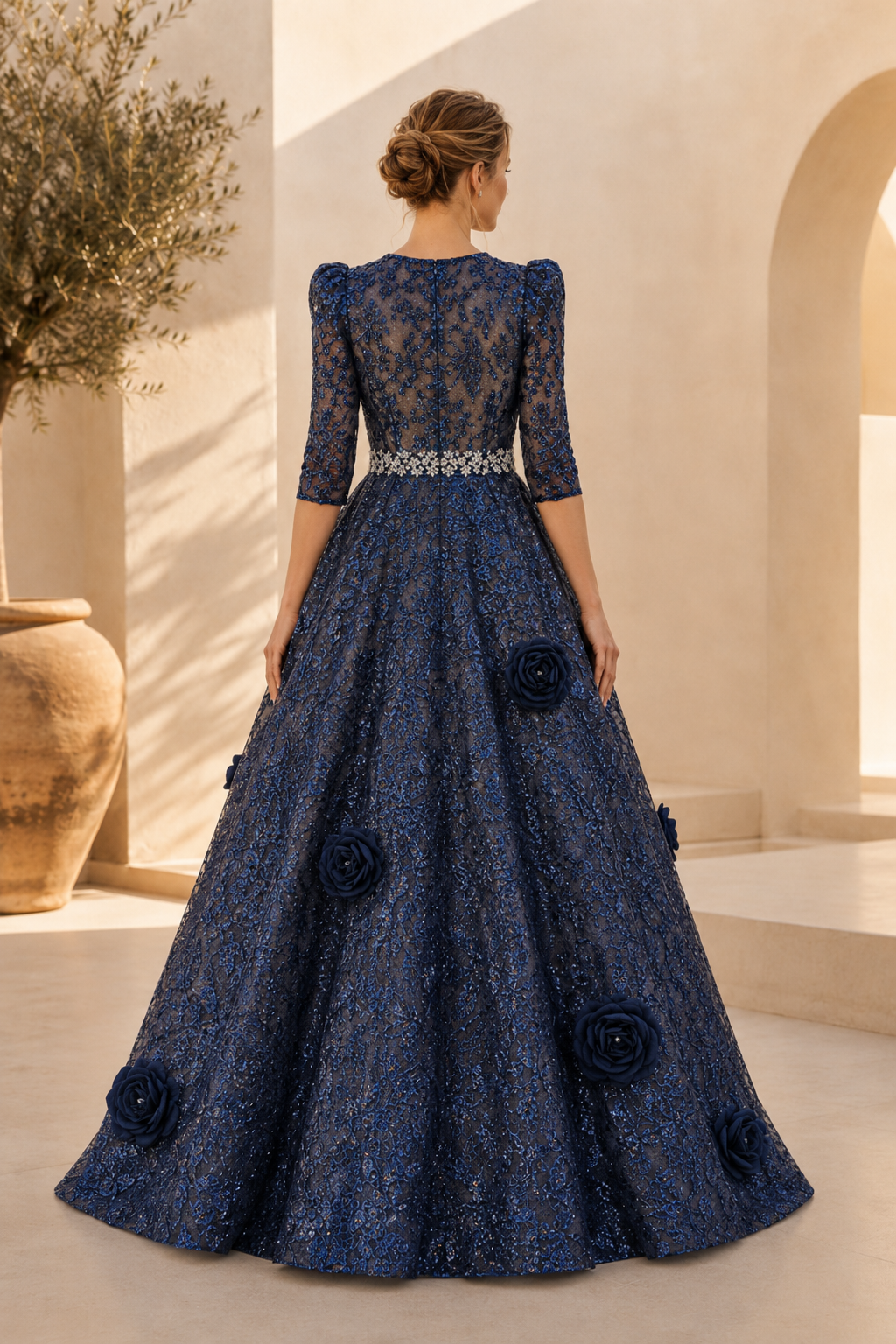 3D-Blütenapplikationen-Spitzenkleid mit Perlenbund