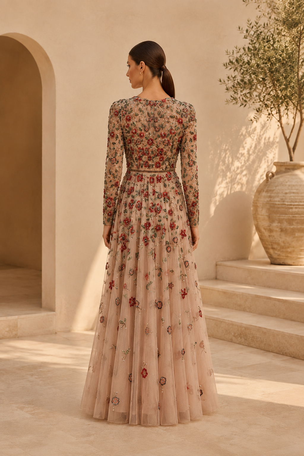 Blumengesticktes Illusion-Langarm-A-Linien-Kleid