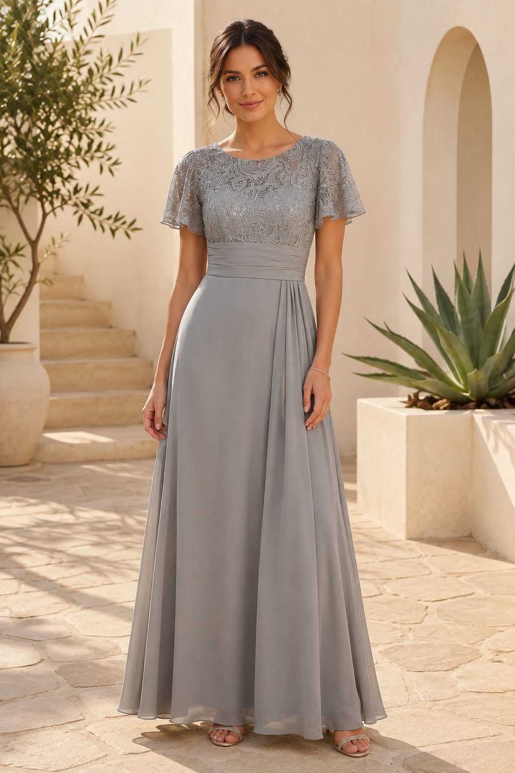 Abendkleid mit A-Linie, Spitzenoberteil und flatternden Ärmeln