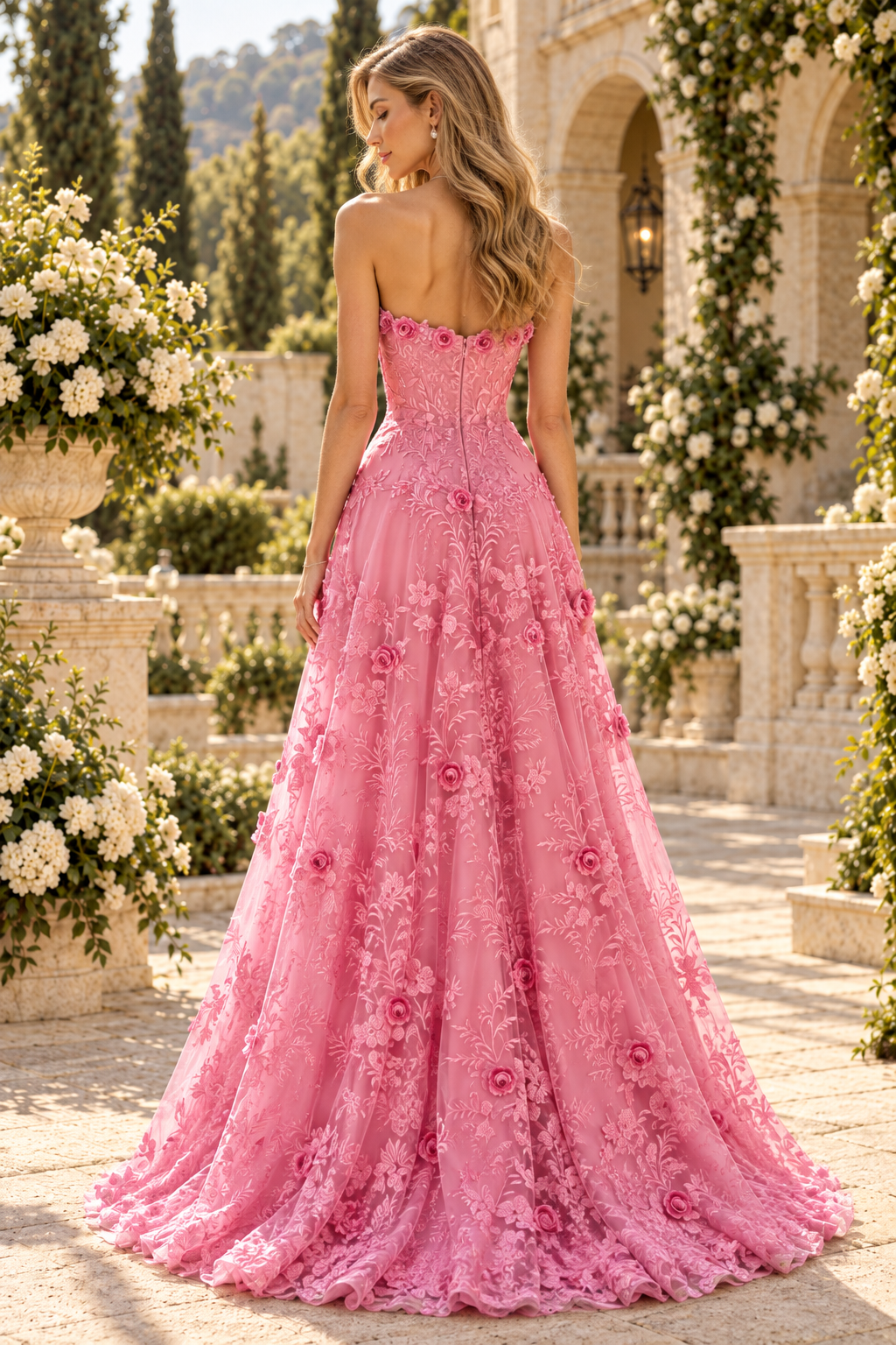 3D Floral Applique Strapless A-Line Gown
