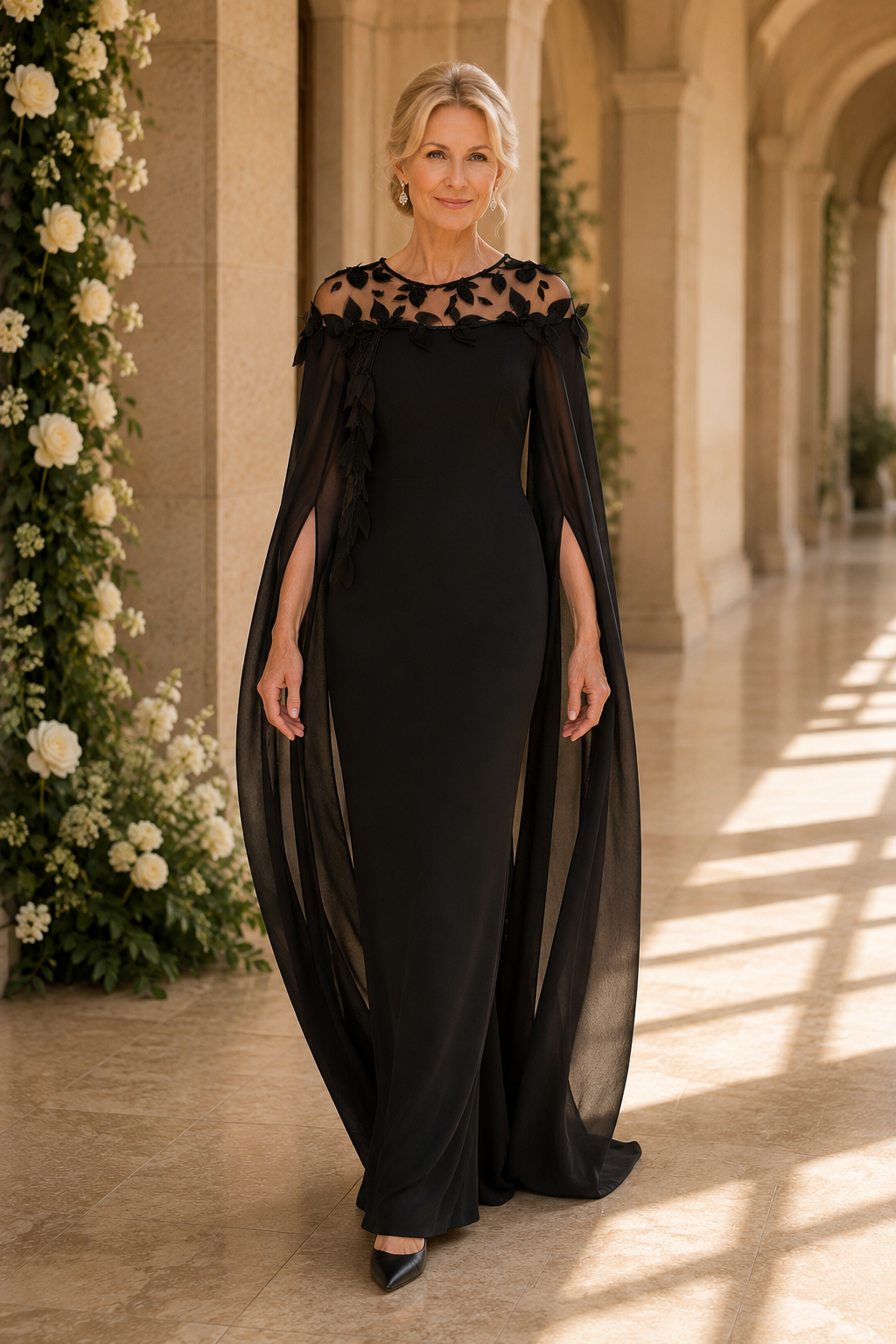 Abendkleid mit Cape und Illusion-Ausschnitt
