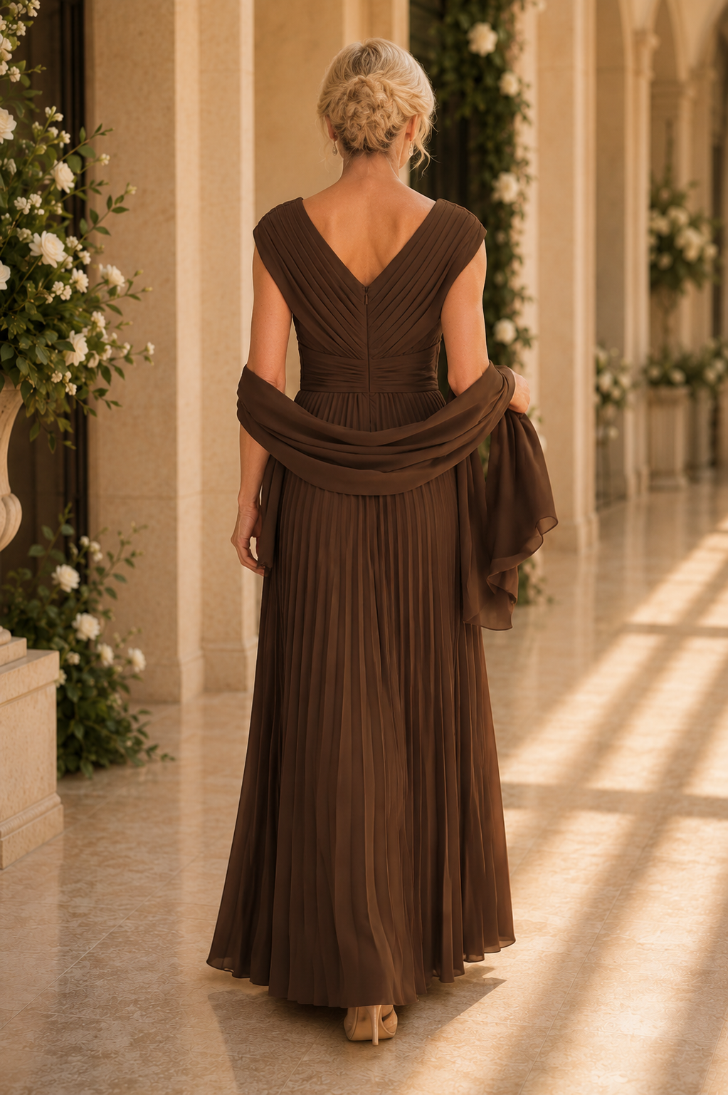 Plissiertes V-Ausschnitt Maxi-Kleid mit passendem Schal