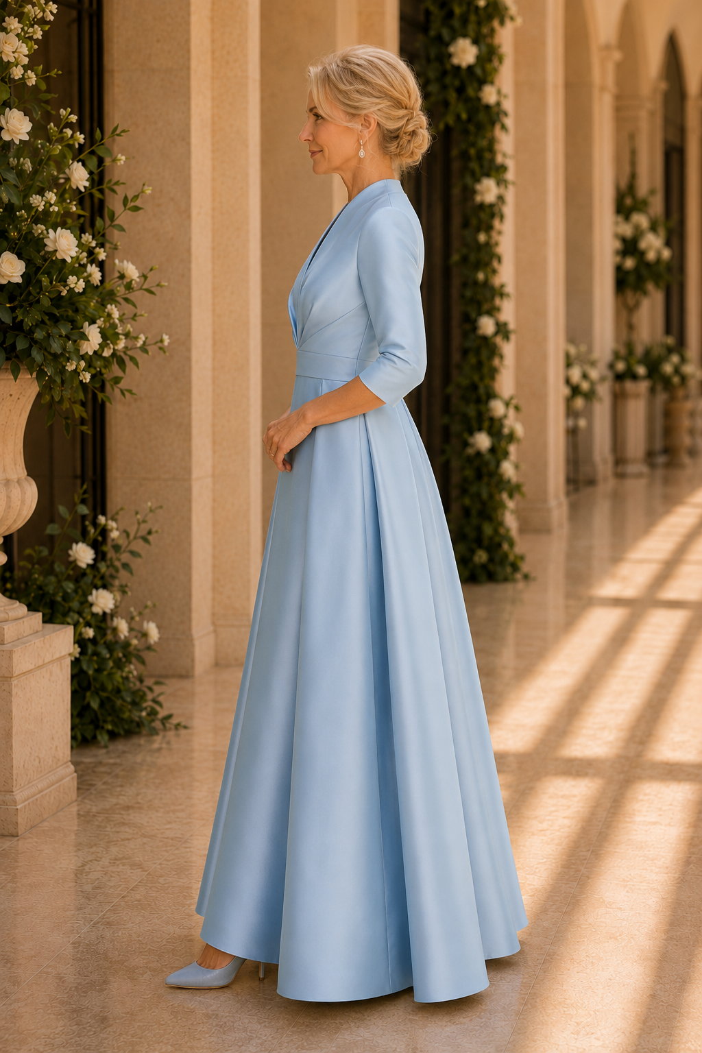 Plissiertes Satin-Abendkleid mit tiefem V-Ausschnitt und 3/4 Ärmeln in A-Linie