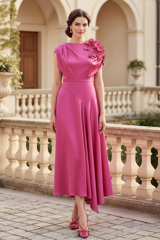Asymmetrisches Satin-Midi-A-Linien-Kleid mit 3D-Blumen