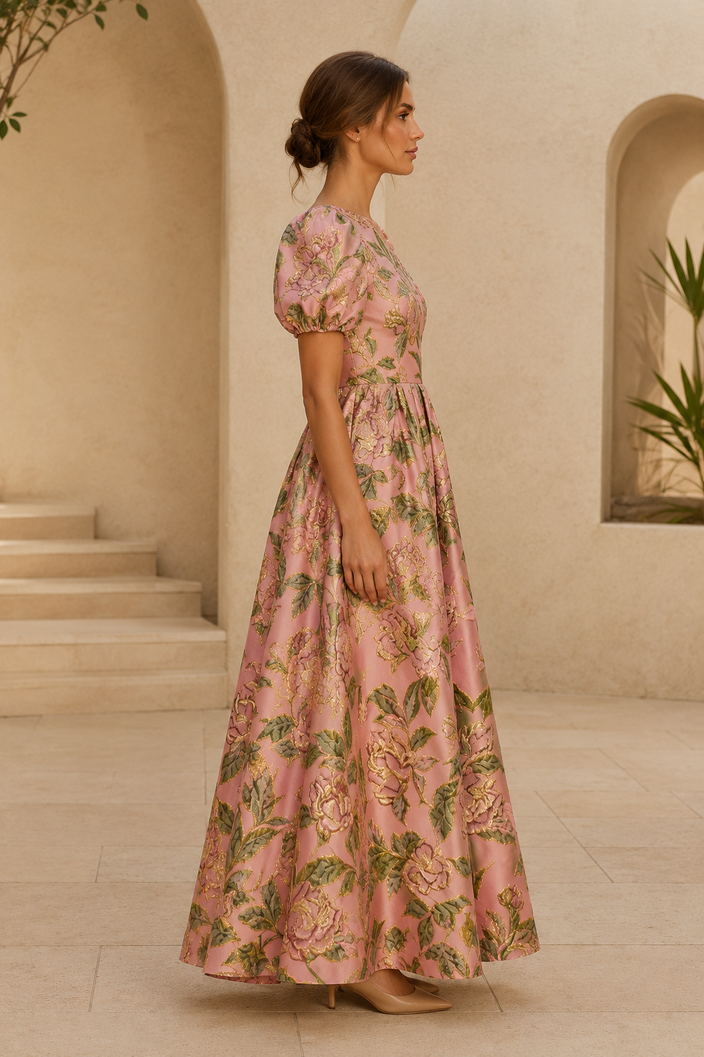 Geblümtes Jacquard A-Linien-Kleid mit Puffärmeln