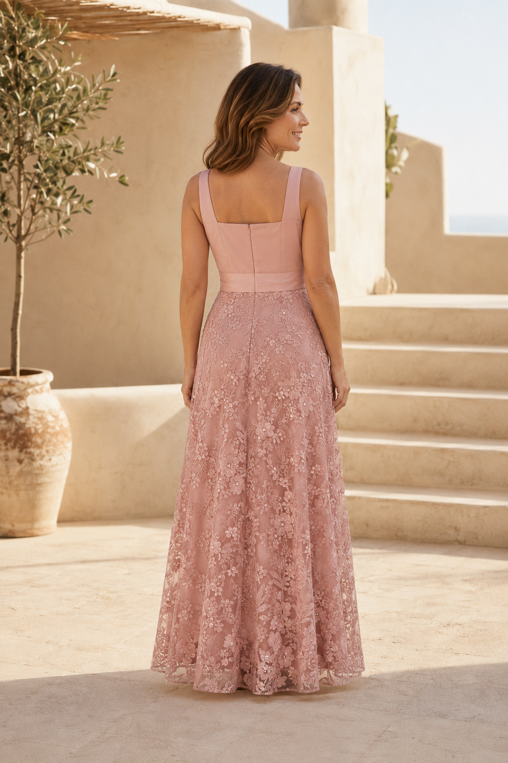 Formelles A-Linien-Spitzenkleid mit eckigem Ausschnitt