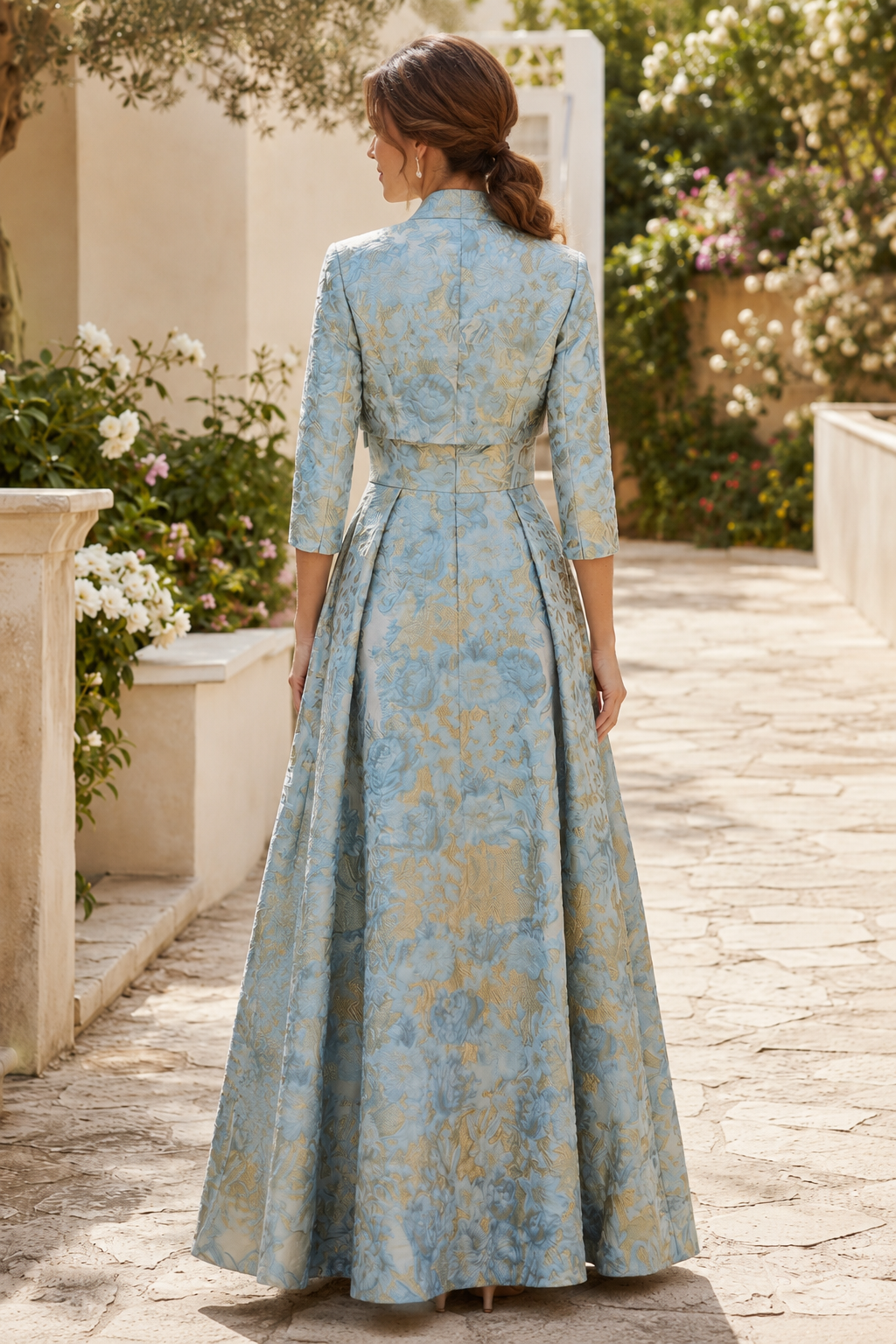 Geblümtes Jacquard A-Linien-Kleid mit verkürzter Jacke