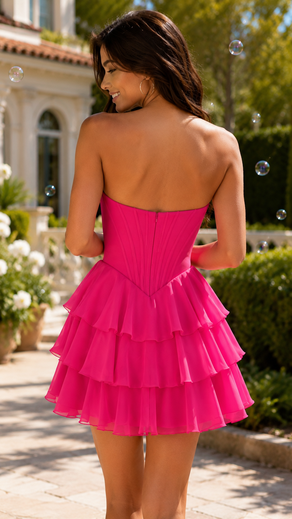Trägerloses Sweetheart-Perlenkorsett-Minikleid mit Stufenrock