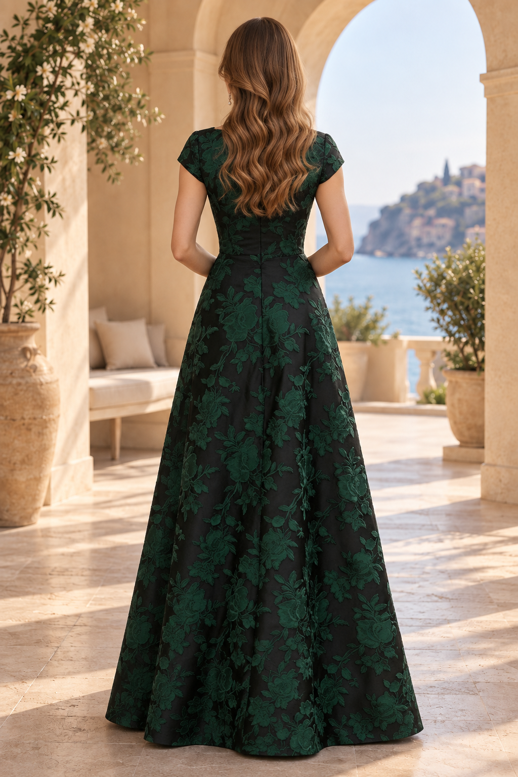 Floral Jacquard A-Line Gown with Cap Sleeves