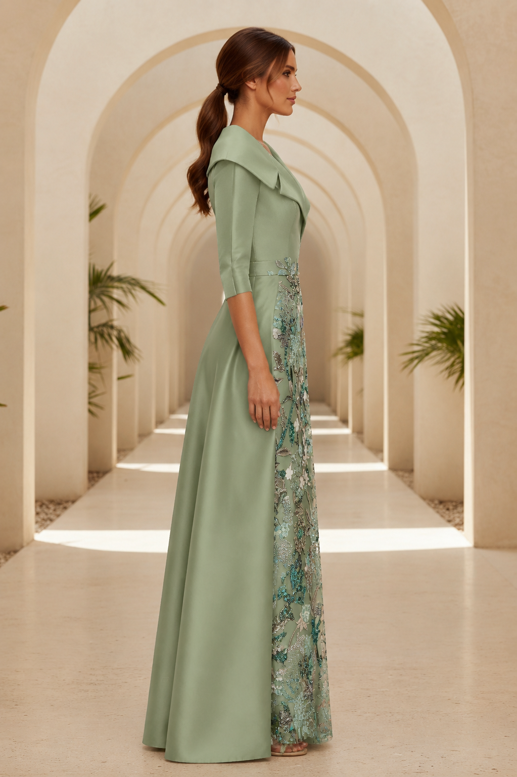 Blumen-Pailletten-Etui-Kleid mit Satin-Schleppe