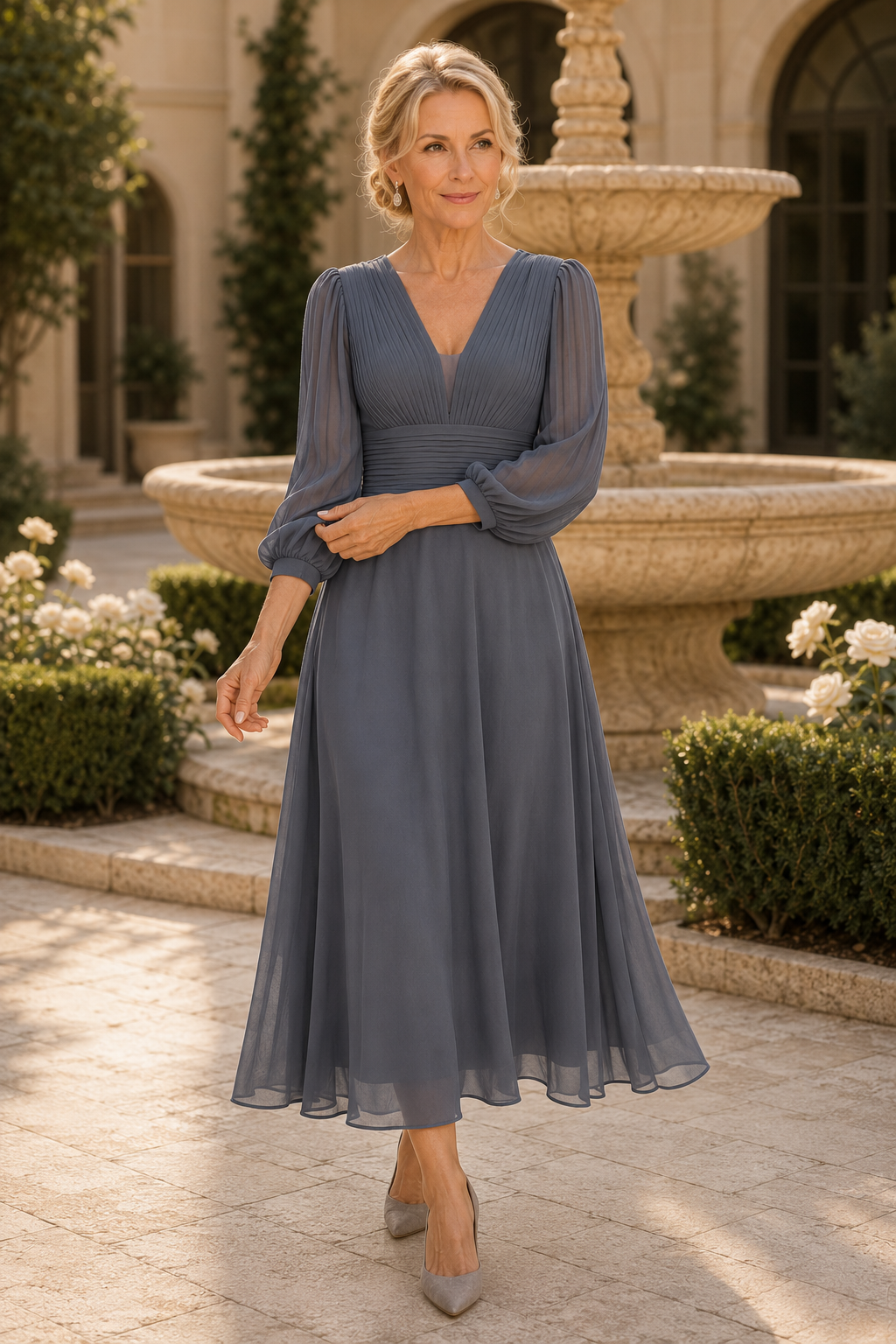 Plissiertes Chiffon-Midi-Kleid mit V-Ausschnitt und langen Ärmeln
