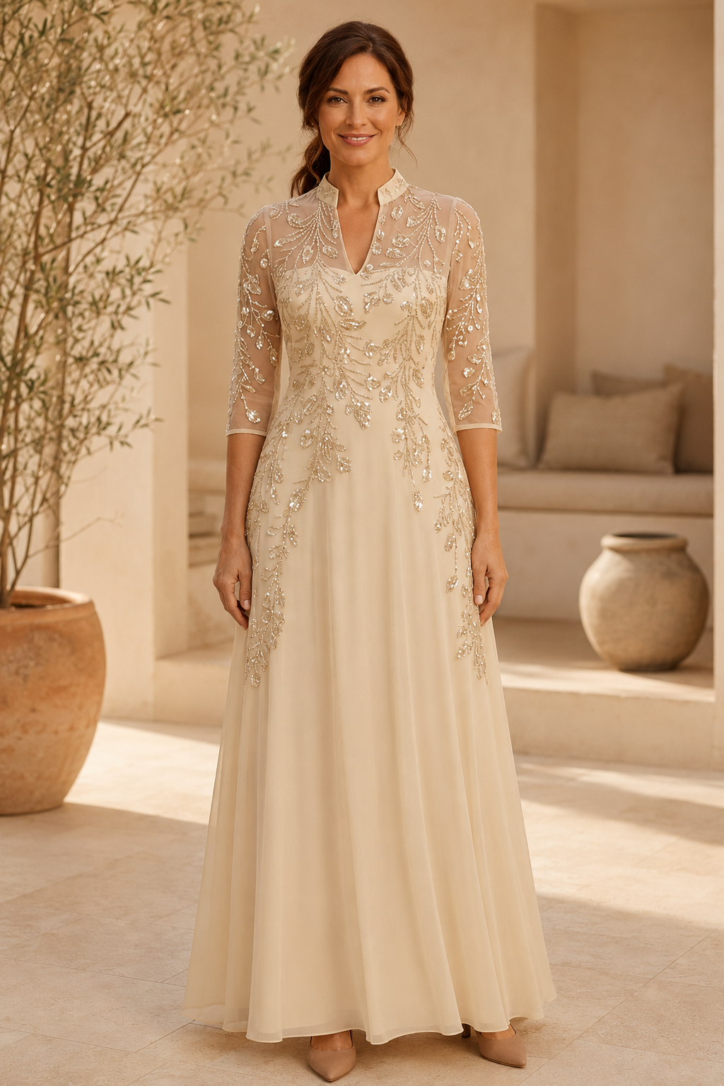 Abendkleid mit Perlenstickerei, A-Linie und 3/4-Ärmeln
