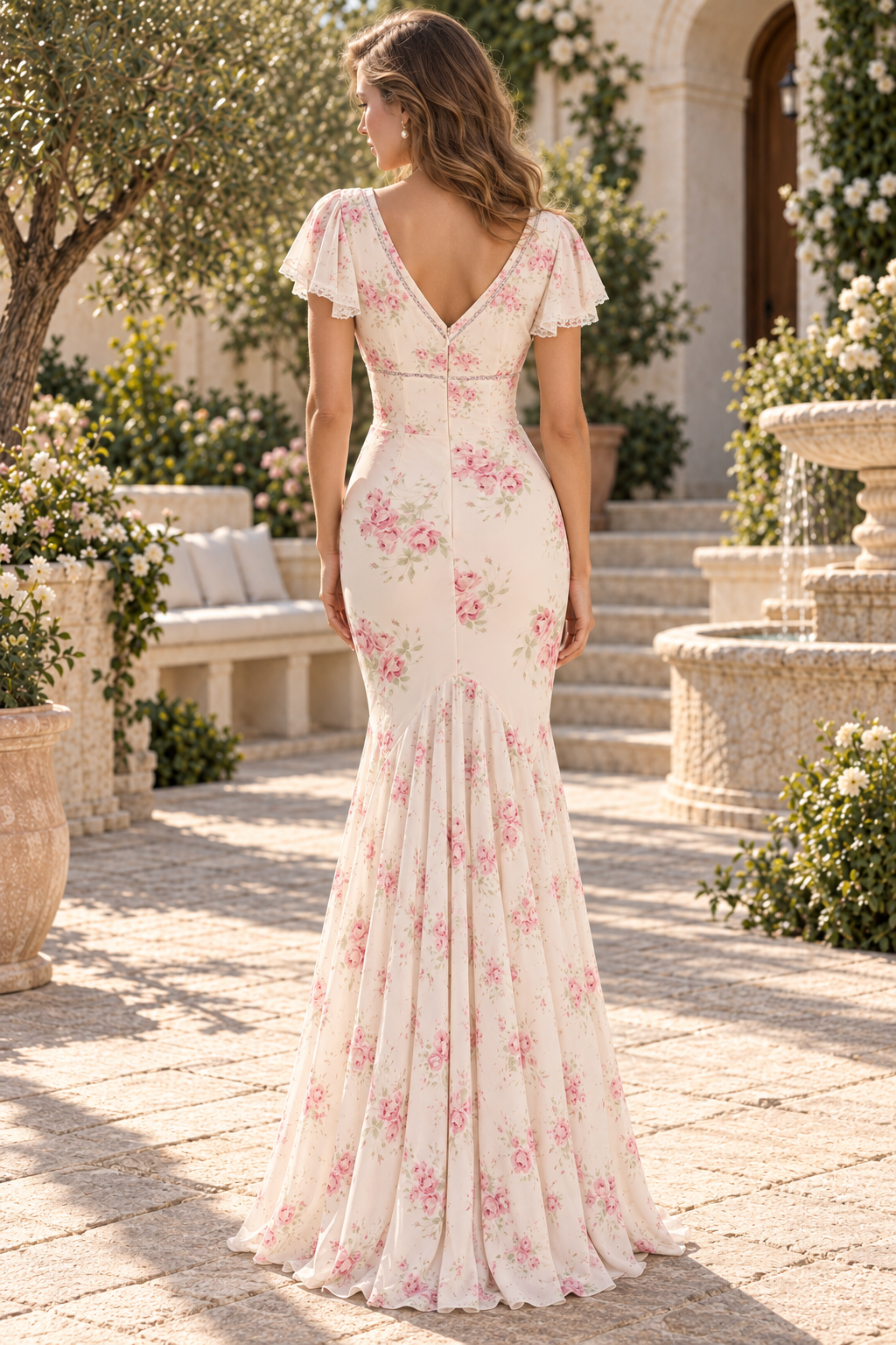 High-Low Floral Print Flutter Sleeve Mermaid Dress