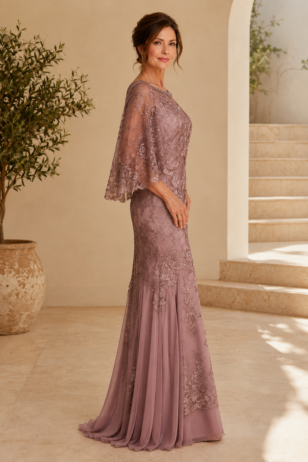 Besticktes Capelet-Trompetenkleid