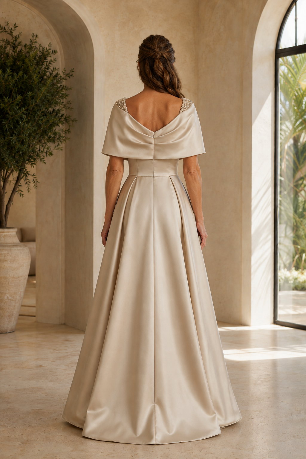 Satin-A-Linien-Kleid mit perlenbesetztem Capelet