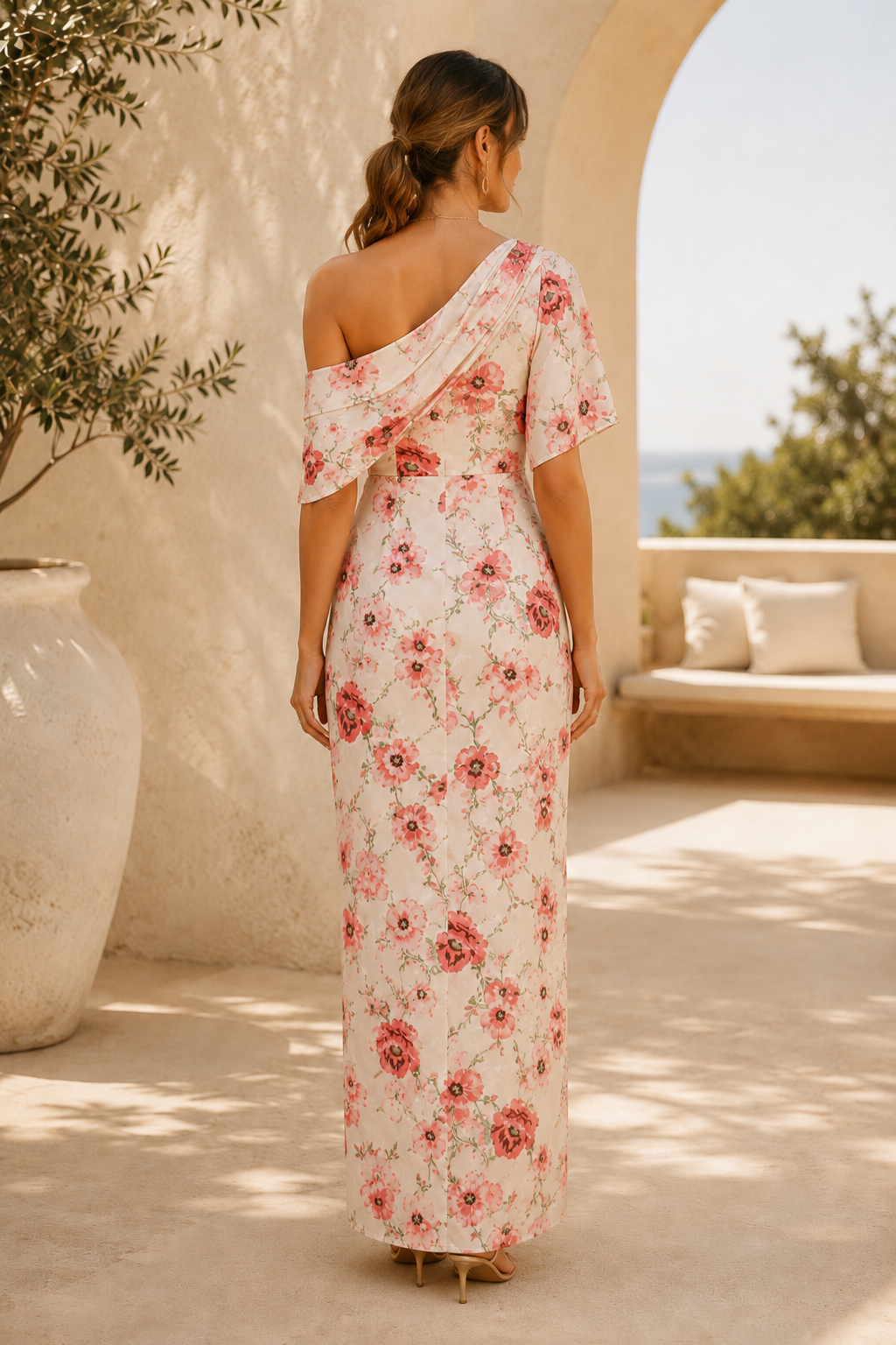 One-Shoulder Maxikleid mit Blumendrapierung