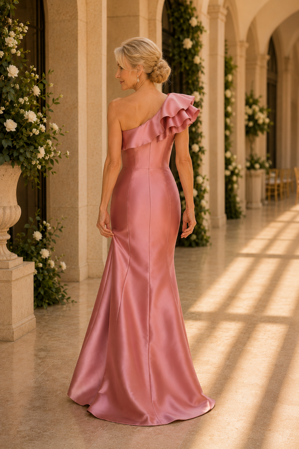 Asymmetrische geraffte Meerjungfrauen-Abendrobe aus Satin